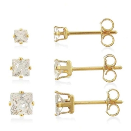 TRIO BRINCOS QUADRADOS ZIRCÔNIAS CRISTAIS