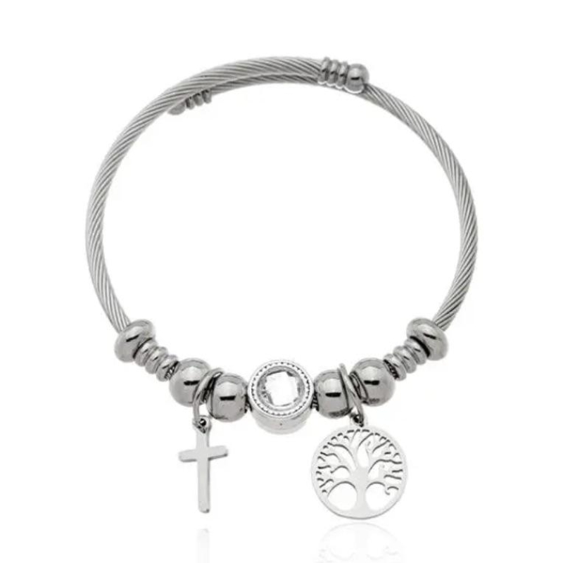 BRACELETE AÇO INOX ÁRVORE DA VIDA E CUZ