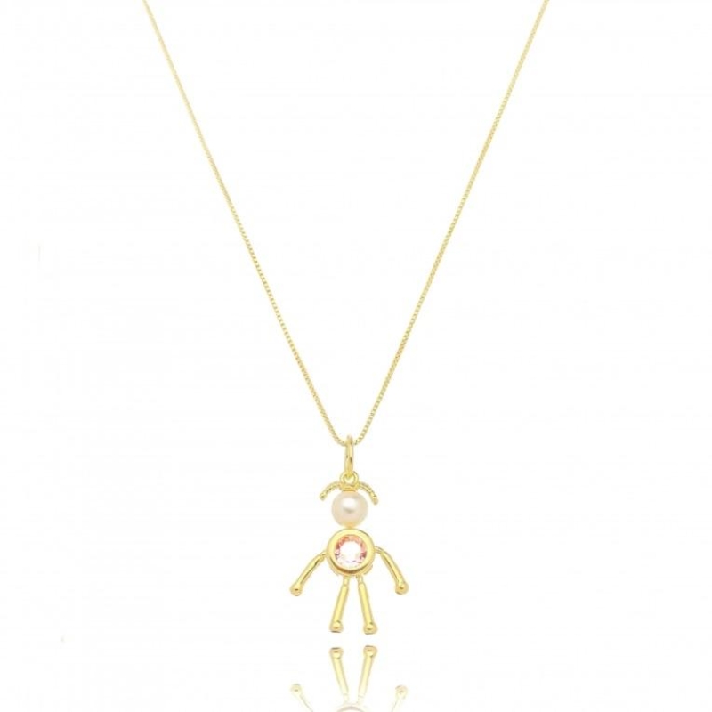 COLAR MENINA PÉROLA E ZIRCÔNIA ROSA