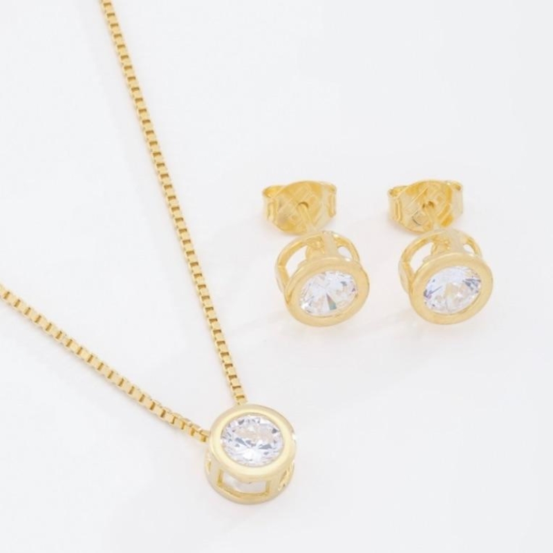 CONJUNTO ZIRCÔNIA REDONDO COM VOLTA DOURADA