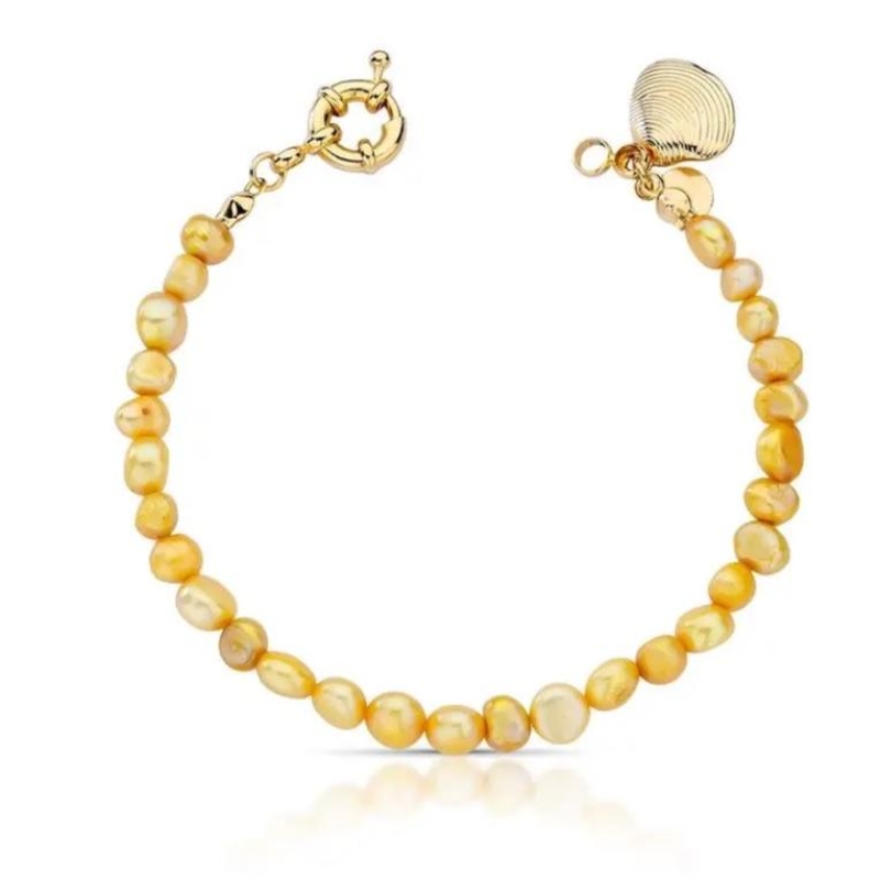 PULSEIRA PÉROLAS NATURAIS ÂMBAR COM PINGENTE CONCHA