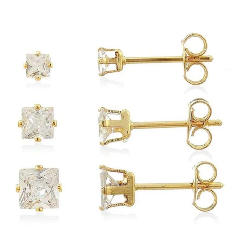 TRIO BRINCOS QUADRADOS ZIRCÔNIAS CRISTAIS