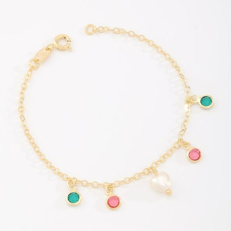 PULSEIRA INFANTIL CORAÇÃO PÉROLA ZIRCÔNIAS VERDES  E ROSA