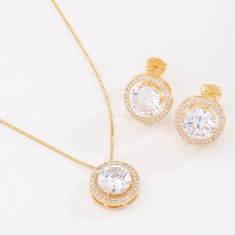 CONJUNTO ZIRCÔNIA REDONDA CENTRAL ARO CRAVEJADO
