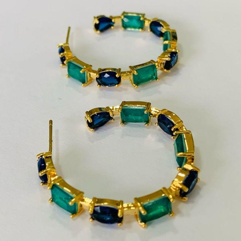 MEIA ARGOLA ZIRCÔNIAS AZUL E TURMALINA