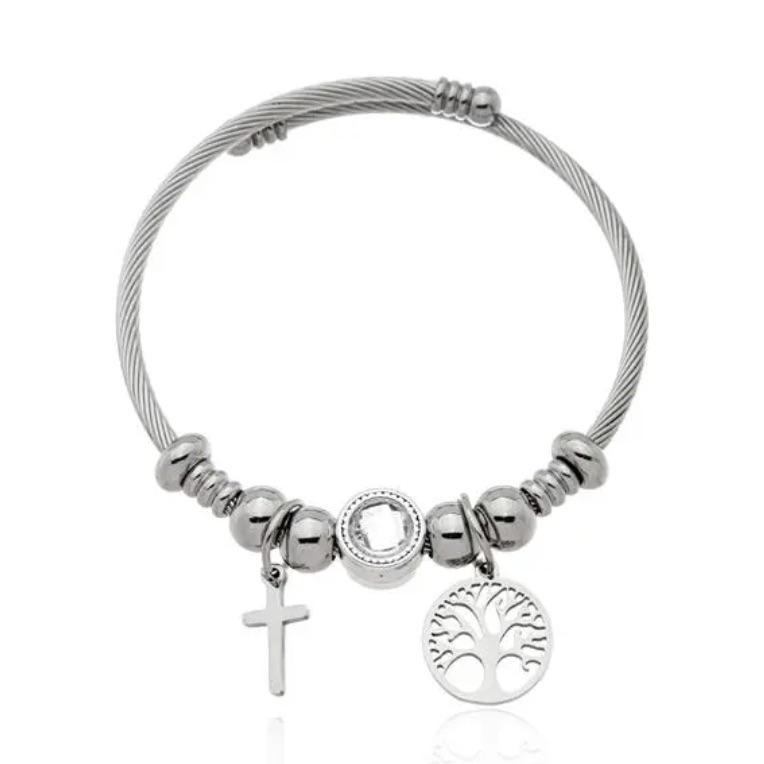 BRACELETE AÇO INOX ÁRVORE DA VIDA E CUZ