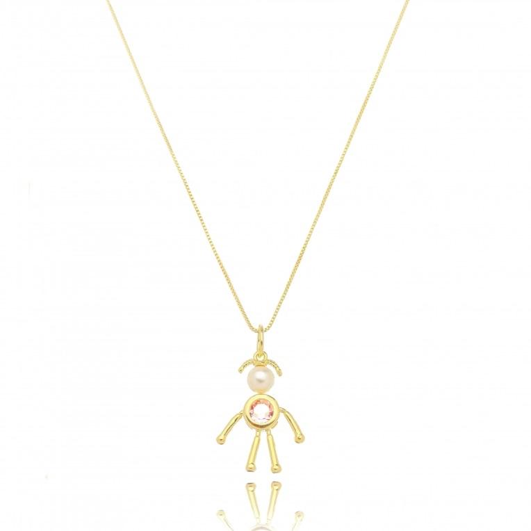 COLAR MENINA PÉROLA E ZIRCÔNIA ROSA