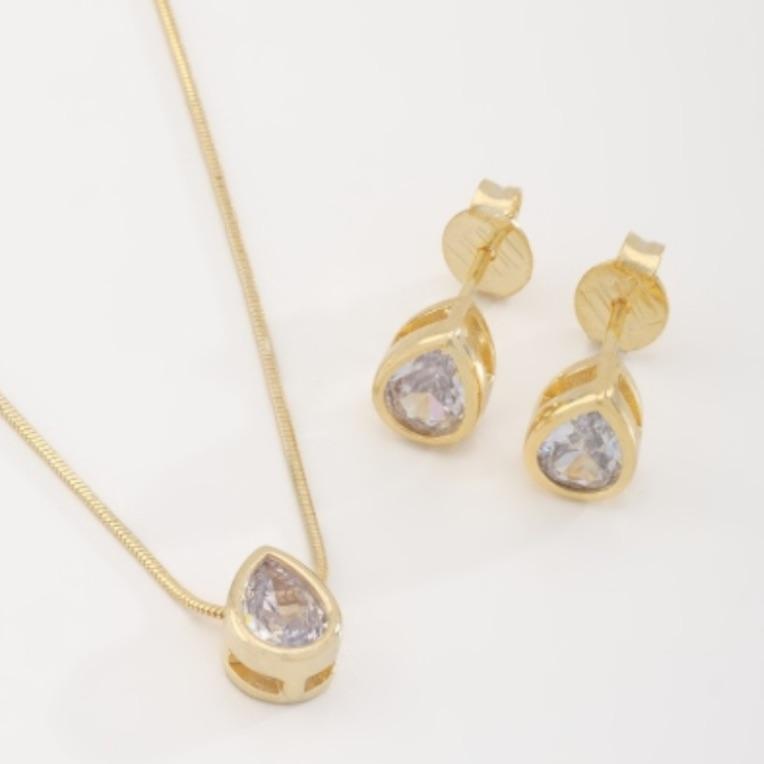 CONJUNTO GOTA ZIRCÔNIA COM VOLTA DOURADA