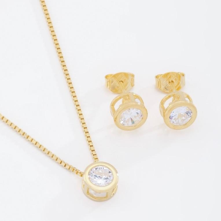 CONJUNTO ZIRCÔNIA REDONDO COM VOLTA DOURADA