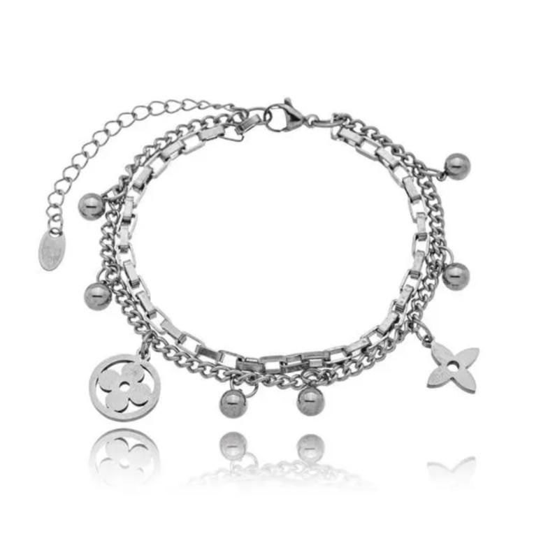 PULSEIRA FEMININA CORRENTES DUPLA COM PINGENTE DE ESFERAS E FLORES