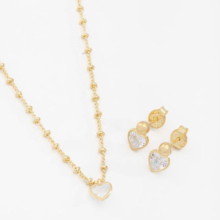 CONJUNTO INFANTIL CORAÇÃO ZIRCÔNIA E CORRENTE COM BOLINHAS